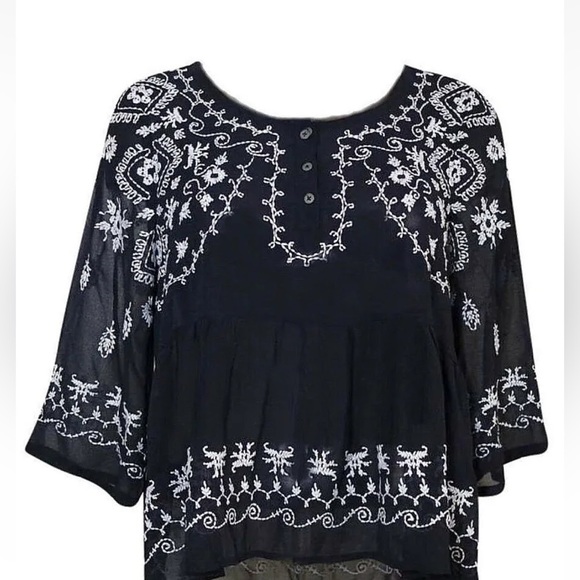 Free People Boho Blues Top Medium 6 8 Navy Bold Embroidery Blouse Shirt Breezy - Picture 7 of 14